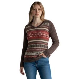 Vintage Fair Isle V-Neck Sweater with Red and Brown Patterns